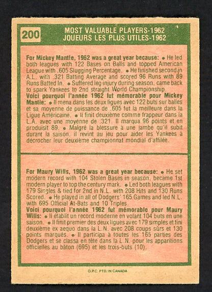 1975 O Pee Chee #200 Mickey Mantle Maury Wills EX-MT 485276