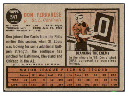 1962 Topps Baseball #547 Don Ferrarese Cardinals VG-EX 485933