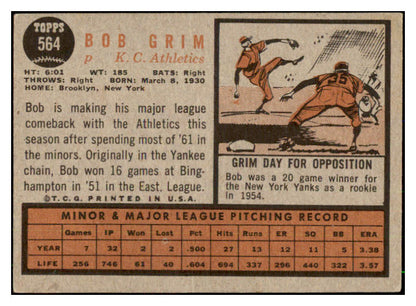 1962 Topps Baseball #564 Bob Grim A's EX 486005