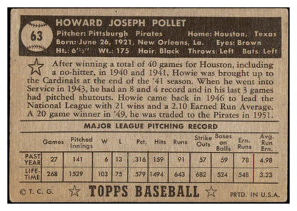 1952 Topps Baseball #063 Howie Pollet Pirates VG Black 486318