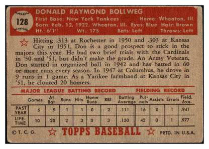 1952 Topps Baseball #128 Don Bollweg Yankees VG 486345