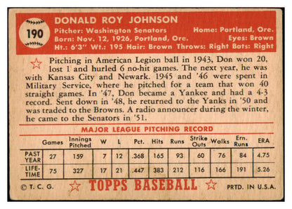 1952 Topps Baseball #190 Don Johnson Senators VG-EX 486400