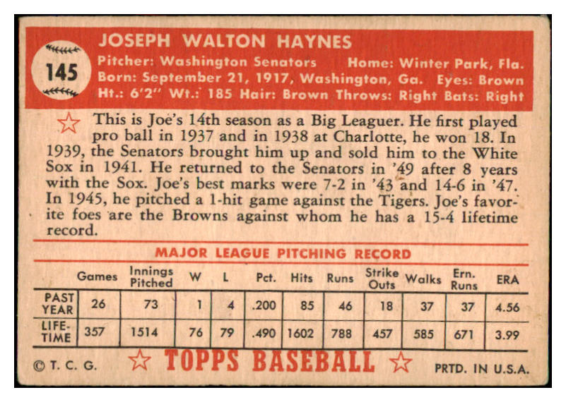 1952 Topps Baseball #145 Joe Haynes Senators VG-EX 486404