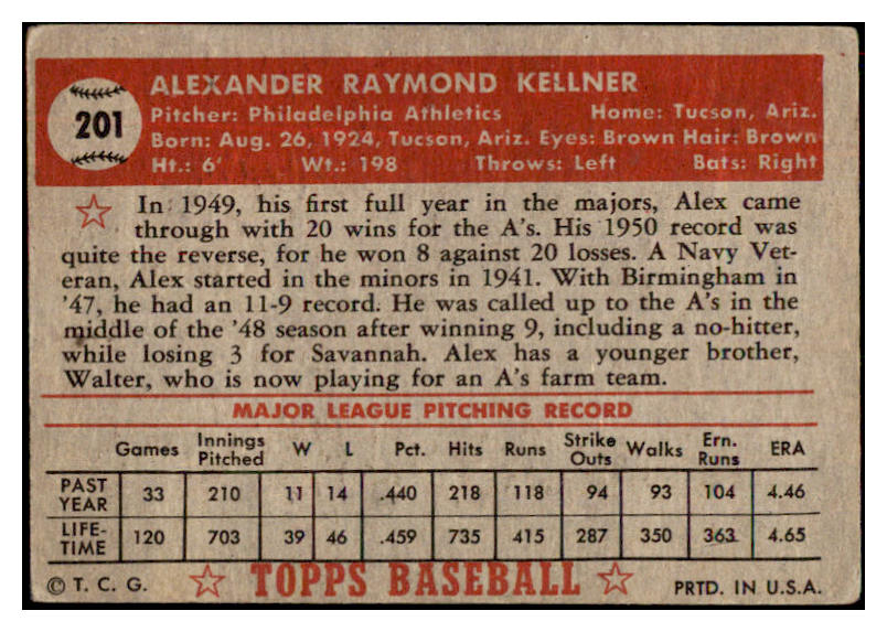 1952 Topps Baseball #201 Alex Kellner A's VG-EX 486433