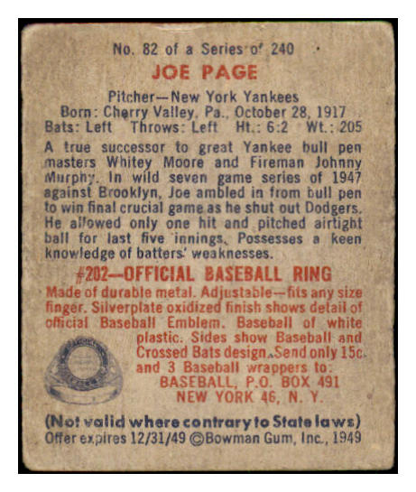 1949 Bowman Baseball #082 Joe Page Yankees VG/VG-EX 486700