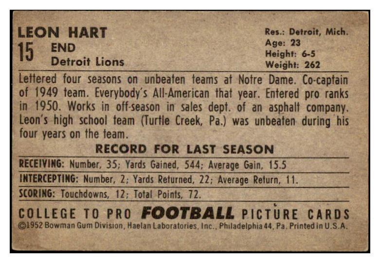 1952 Bowman Large Football #015 Leon Hart Lions EX 486725