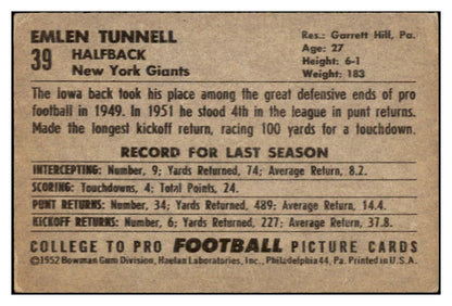 1952 Bowman Large Football #039 Emlen Tunnell Giants VG-EX 486747