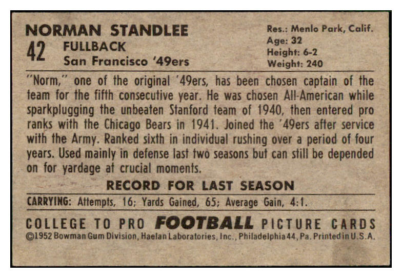 1952 Bowman Large Football #042 Norm Standlee 49ers VG-EX 486751