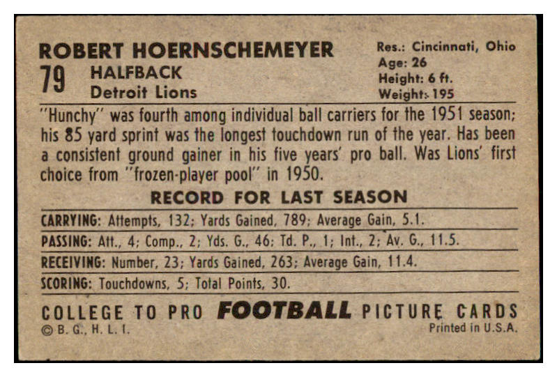 1952 Bowman Large Football #079 Bob Hoernschemeyer Lions EX 486780