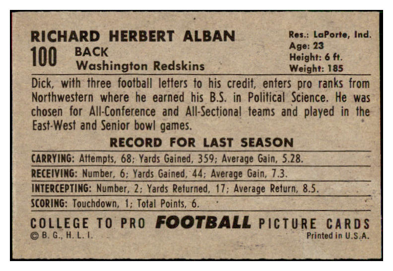 1952 Bowman Large Football #100 Dick Alban Washington EX-MT 486804