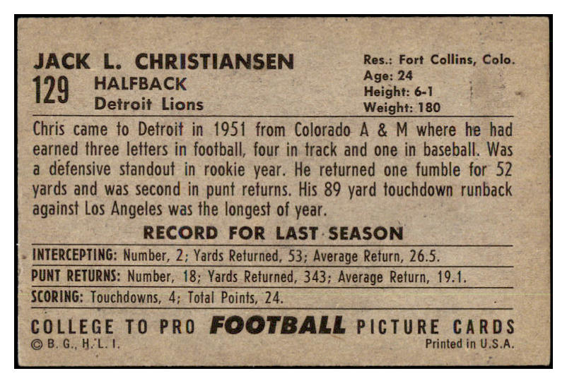 1952 Bowman Large Football #129 Jack Christiansen Lions VG-EX 486835