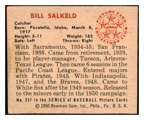 1950 Bowman Baseball #237 Bill Salkeld White Sox EX-MT 487084