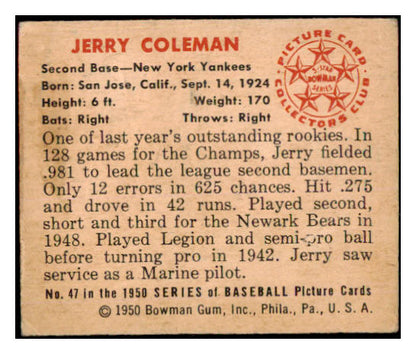 1950 Bowman Baseball #047 Jerry Coleman Yankees VG-EX 487149