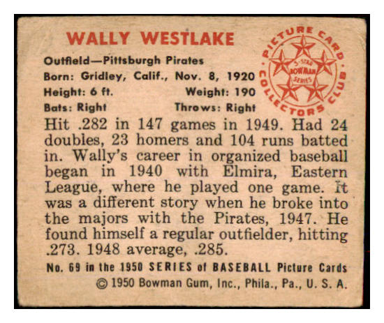 1950 Bowman Baseball #069 Wally Westlake Pirates VG 487166