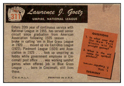 1955 Bowman Baseball #311 Larry Goetz Umpire EX+/EX-MT 487261