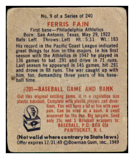 1949 Bowman Baseball #009 Ferris Fain A's GD-VG 487302