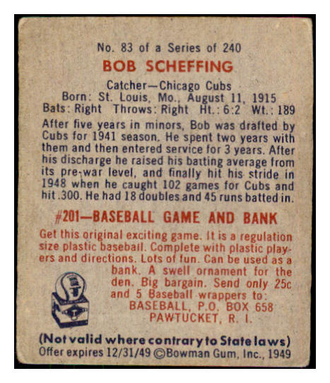 1949 Bowman Baseball #083 Bob Scheffing Cubs VG-EX Name Front 487426