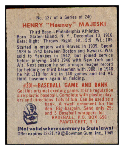 1949 Bowman Baseball #127 Henry Majeski A's VG-EX Print 487514