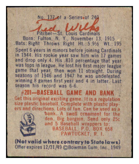 1949 Bowman Baseball #137 Ted Wilks Cardinals EX-MT 487533