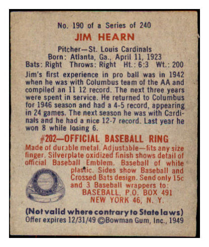 1949 Bowman Baseball #190 Jim Hearn Cardinals EX-MT 487640