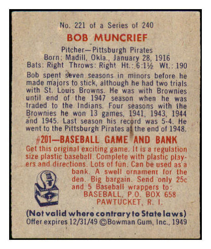 1949 Bowman Baseball #221 Bob Muncrief Pirates EX-MT 487695