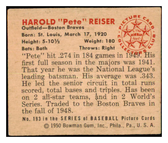 1950 Bowman Baseball #193 Pete Reiser Braves EX-MT 487731