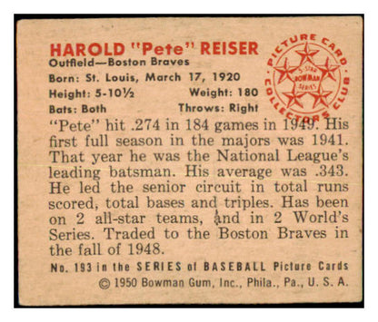 1950 Bowman Baseball #193 Pete Reiser Braves EX-MT 487731
