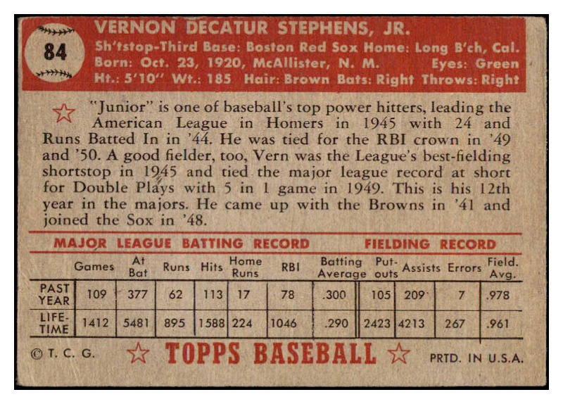 1952 Topps Baseball #084 Vern Stephens Red Sox GD-VG 488062