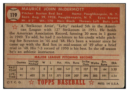 1952 Topps Baseball #119 Maurice McDermott Red Sox VG 488146