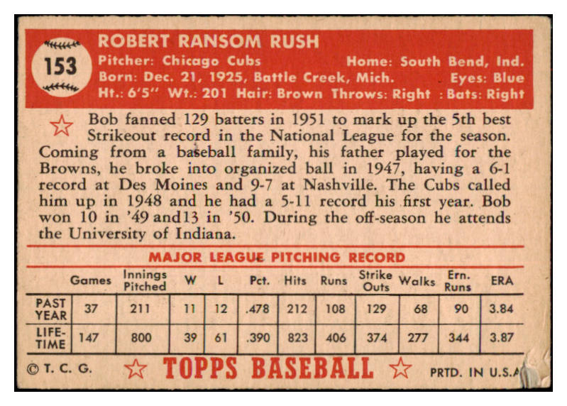 1952 Topps Baseball #153 Bob Rush Cubs VG-EX 488220