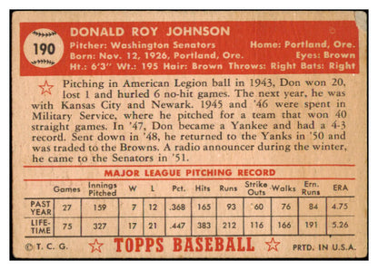1952 Topps Baseball #190 Don Johnson Senators VG 488310