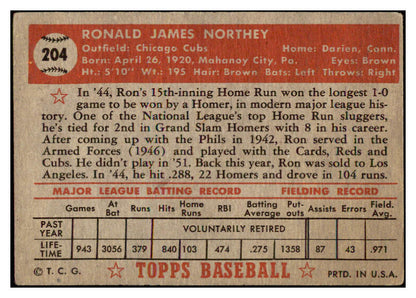 1952 Topps Baseball #204 Ron Northey Cubs VG 488340