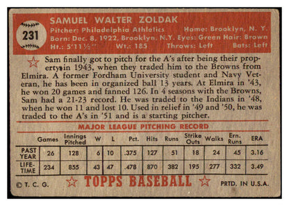 1952 Topps Baseball #231 Sam Zoldak A's VG 488399