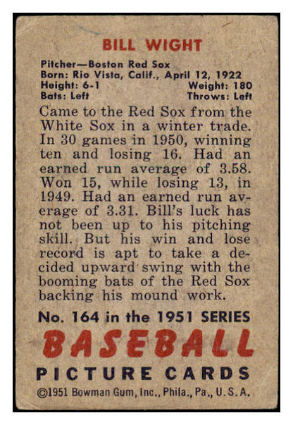 1951 Bowman Baseball #164 Bill Wight Red Sox VG 488524