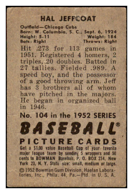 1952 Bowman Baseball #104 Hal Jeffcoat Cubs GD-VG 488532