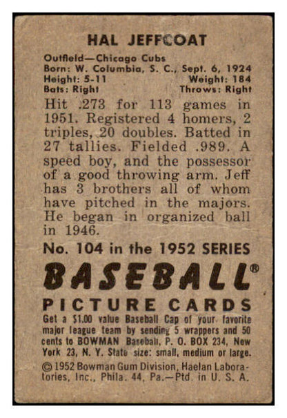 1952 Bowman Baseball #104 Hal Jeffcoat Cubs GD-VG 488532