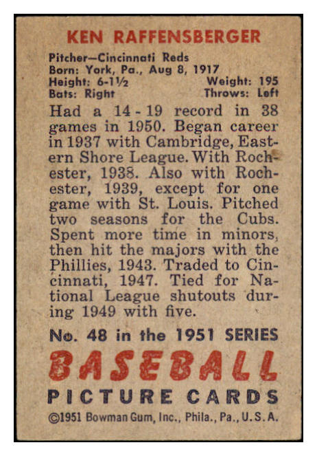 1951 Bowman Baseball #048 Ken Raffensberger Reds EX-MT 488539