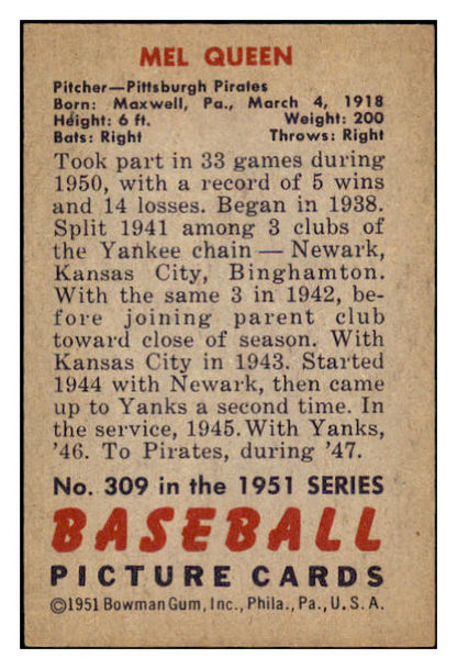 1951 Bowman Baseball #309 Mel Quenn Pirates Good 488543
