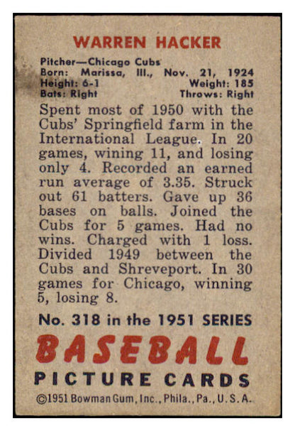 1951 Bowman Baseball #318 Warren Hacker Cubs EX-MT 488544