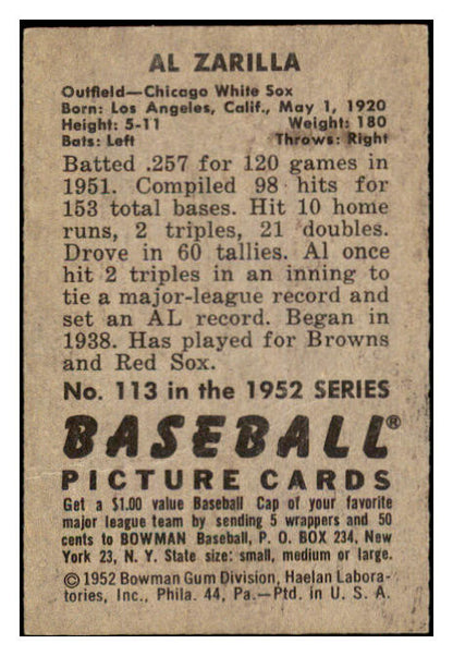1952 Bowman Baseball #113 Al Zarilla White Sox EX-MT 488557