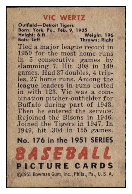 1951 Bowman Baseball #176 Vic Wertz Tigers EX 488585