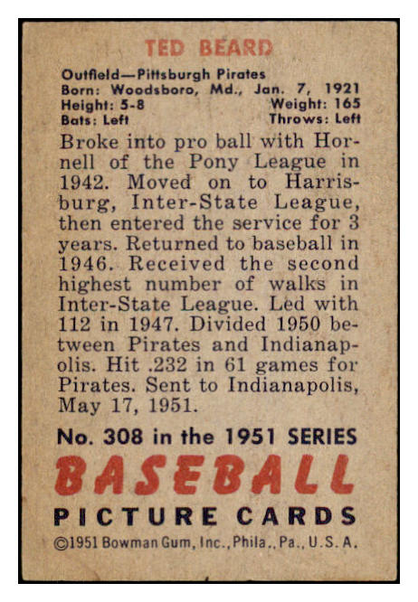 1951 Bowman Baseball #308 Ted Beard Pirates VG-EX 488590