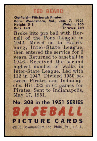1951 Bowman Baseball #308 Ted Beard Pirates VG-EX 488590
