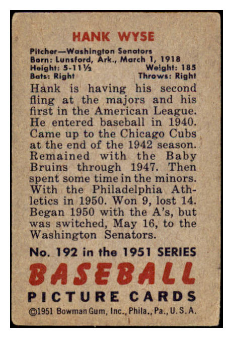 1951 Bowman Baseball #192 Hank Wyse Senators VG-EX 488603