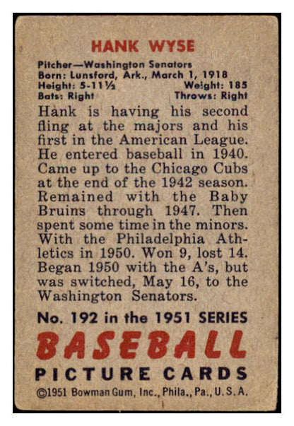 1951 Bowman Baseball #192 Hank Wyse Senators VG-EX 488603