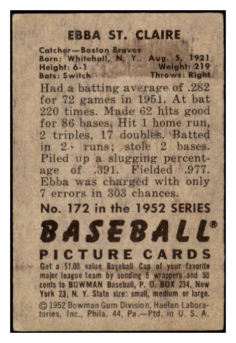 1952 Bowman Baseball #172 Ebba St. Claire Braves VG-EX 488615