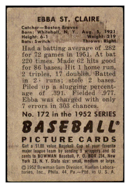 1952 Bowman Baseball #172 Ebba St. Claire Braves VG-EX 488615