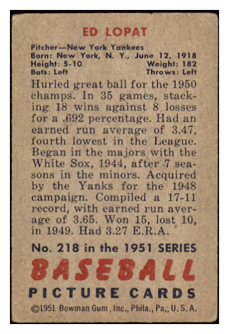 1951 Bowman Baseball #218 Eddie Lopat Yankees VG-EX 488625