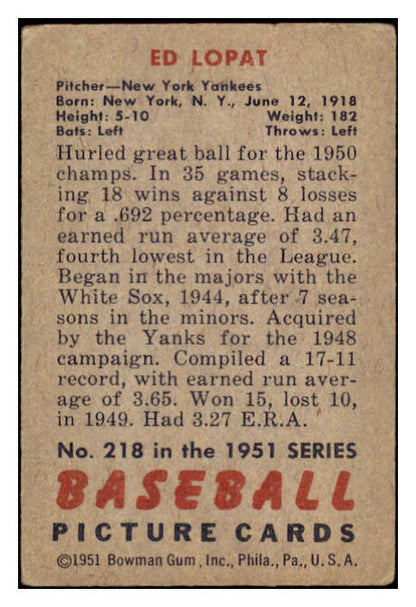 1951 Bowman Baseball #218 Eddie Lopat Yankees VG-EX 488625