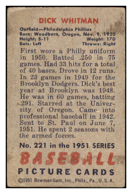 1951 Bowman Baseball #221 Dick Whitman Phillies VG 488829